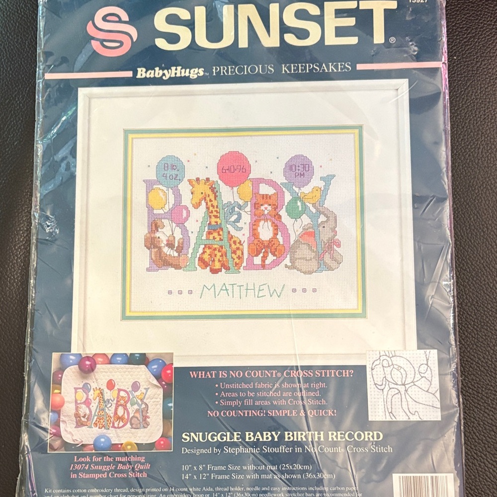 BabyHugs Snuggle Baby Birth Record cross stitch Kit -no counting-stamped